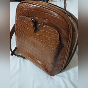 Women's Croc-Texture Brown Leather Backpack Shoulder Bag